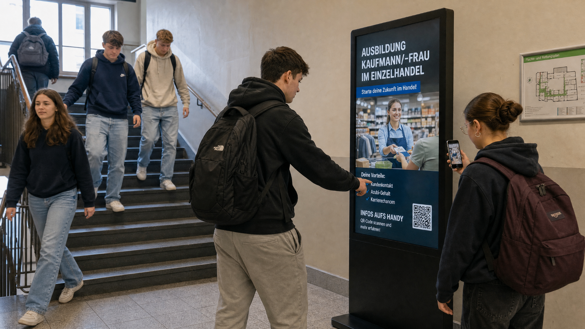 Schüler:innen vor der MyFutureBoard-Säule im Schulflur
