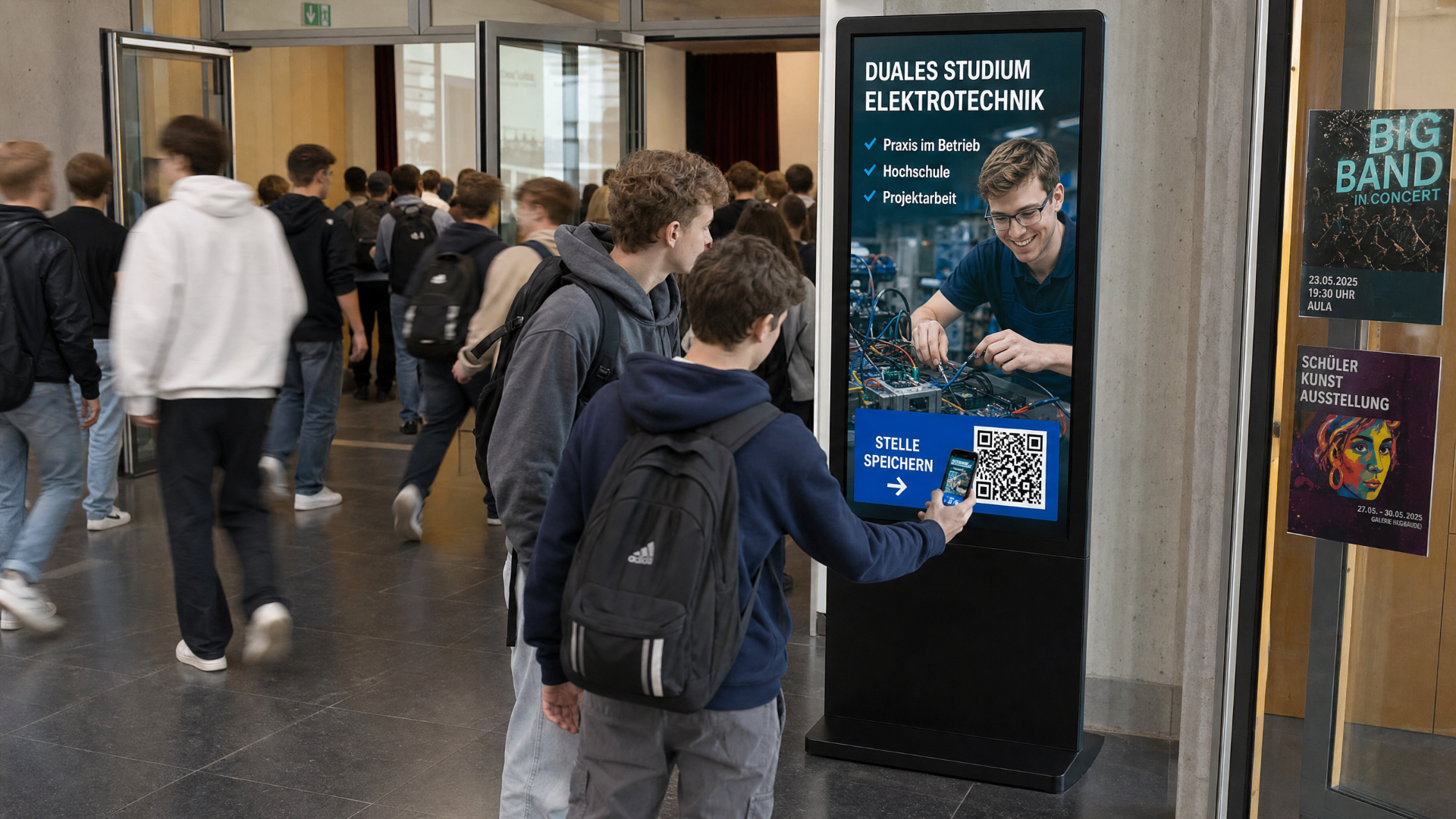 Schüler scannt den QR-Code einer dualen Studium-Stelle auf der Säule