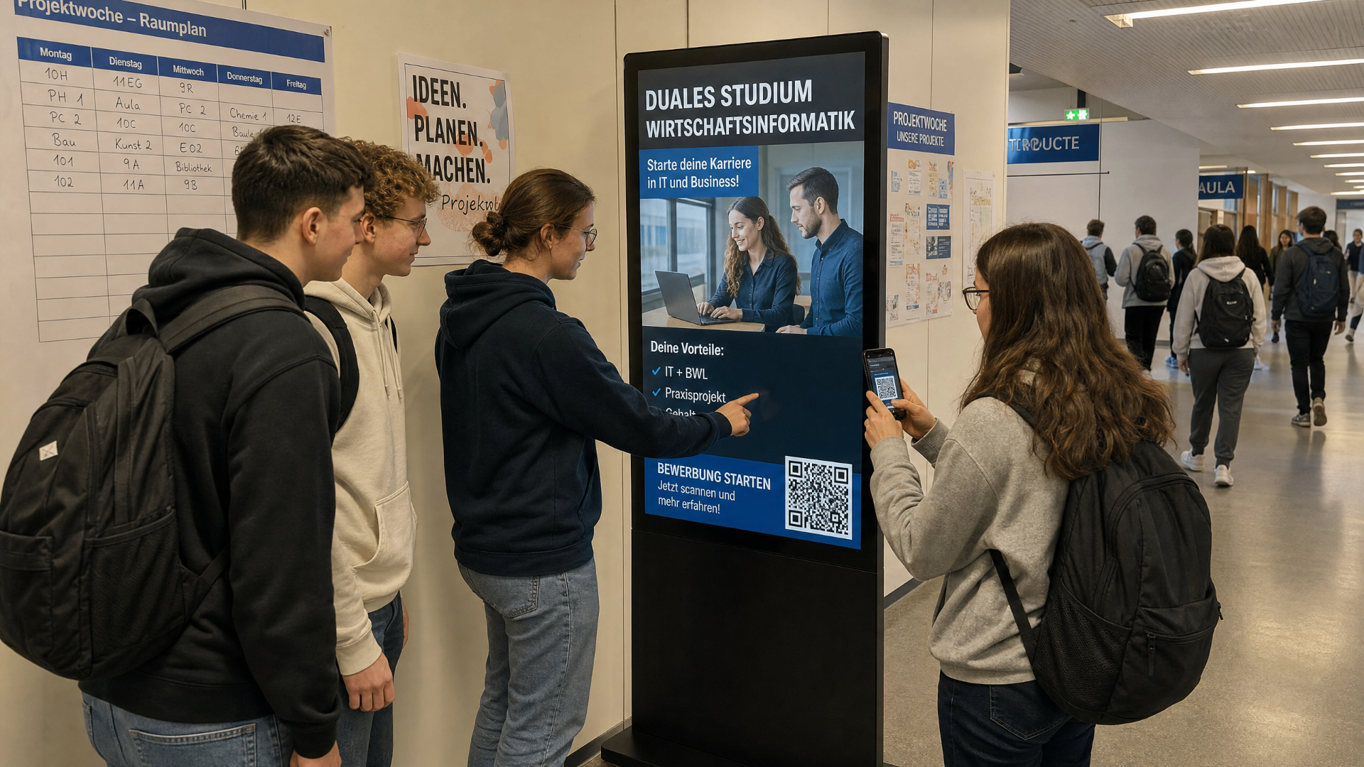 Schüler:innen entdecken ein duales Studium auf der MyFutureBoard-Säule im Schulflur